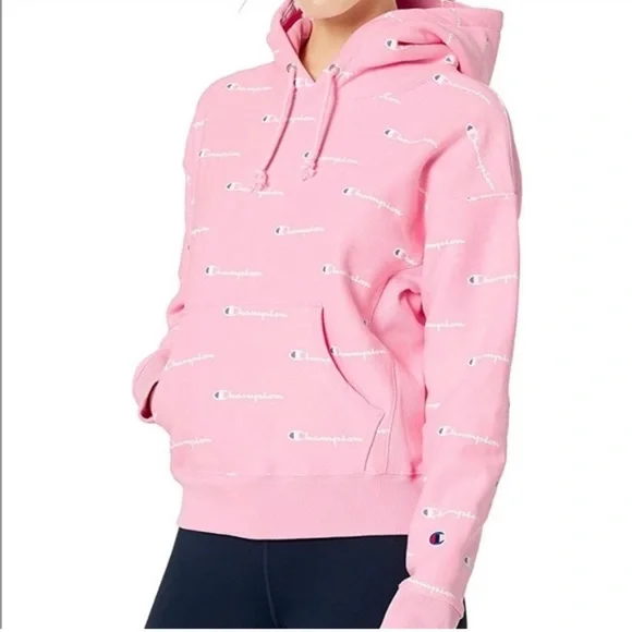 Champion reverse weave allover logo pink hoodie new arrivals
